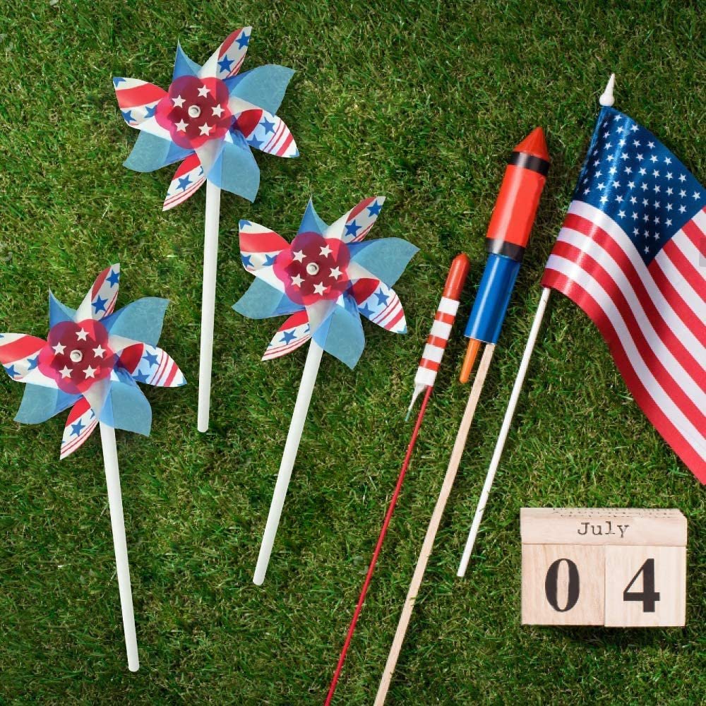 4" Stars and Stripes Pinwheels, Set of 12, Red, White, and Blue, Independence Day Decorations, July 4th Décor for Yard, Garden, Lawn, Patriotic Party Favors for Kids