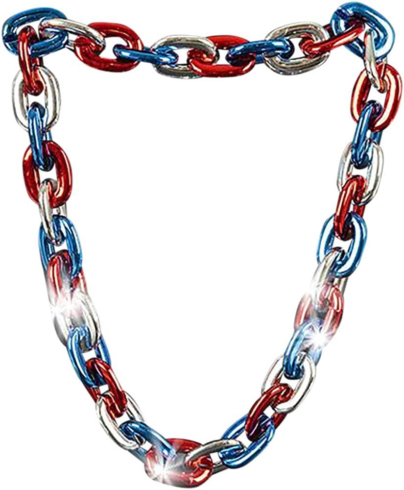 Light-Up Chunky Chain Patriotic Necklace, Big 38" Chain, 4th of July Accessories for Women, Men, and Kids, Red, White, and Blue Decorations for Memorial and Independence Day