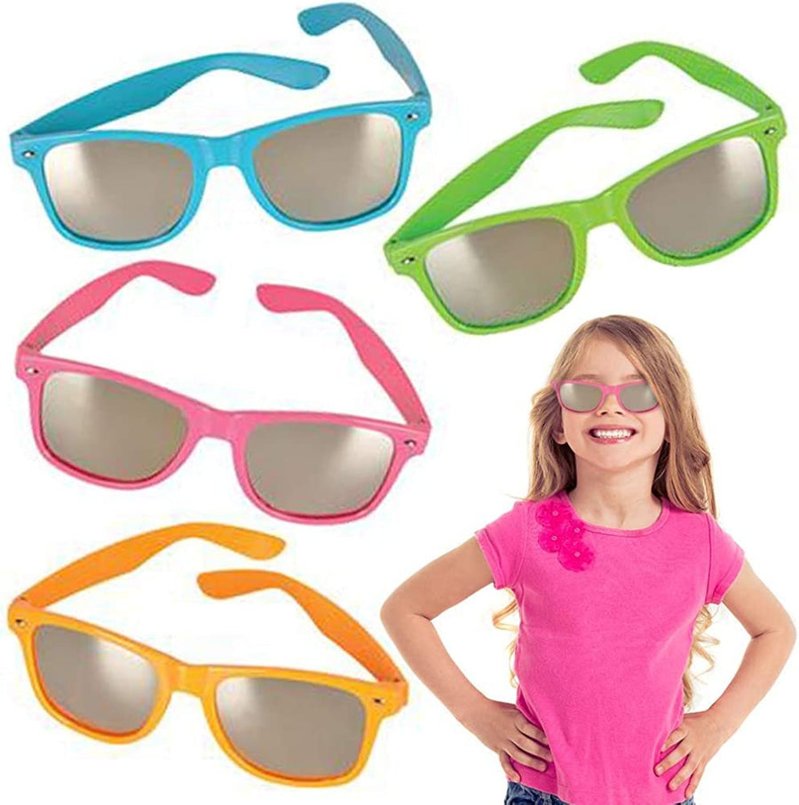 Neon Sunglasses for Kids and Adults, Set of 4, Colorful Sun Glasses with Mirror Lens and UV Protection, Cool Neon Birthday Party Favors, Fun Dress-Up Accessories, Goodie Bag Fillers