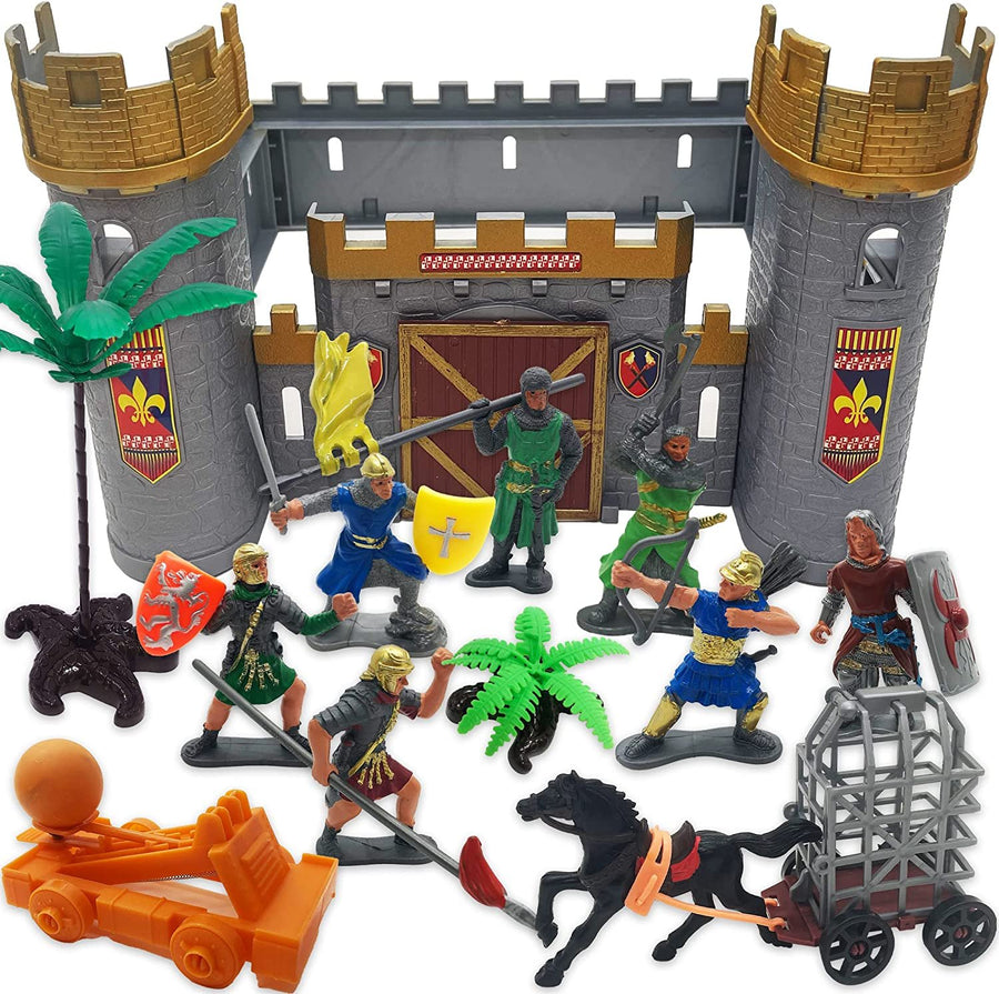 Medieval Castle Knights Playset for Kids, 27-Piece Deluxe Action Figure Play Set with Storage Bucket, Assembly Castle, 6 Knight Action Figures, Horse Drawn Carriage, Catapult, and More