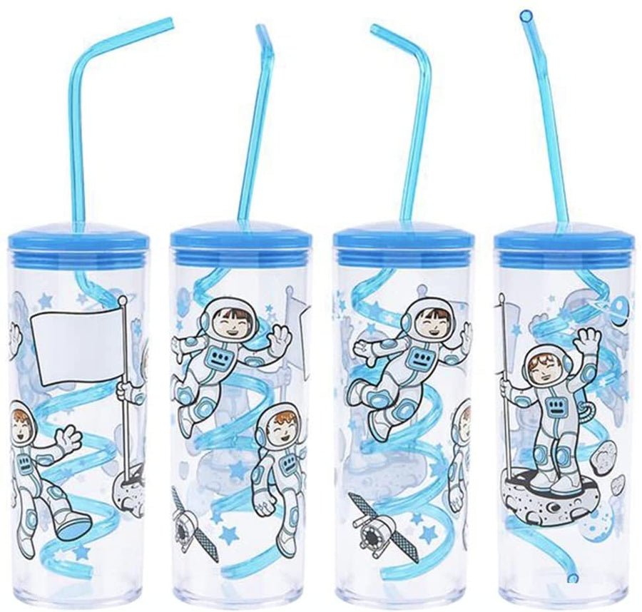 Space Cups with Twisty Straws, Set of 4, Outer Space Party Favors and Space Party Decorations, Galaxy Party Supplies for Boys and Girls, 11 Ounce Plastic Cups with an Adorable Print
