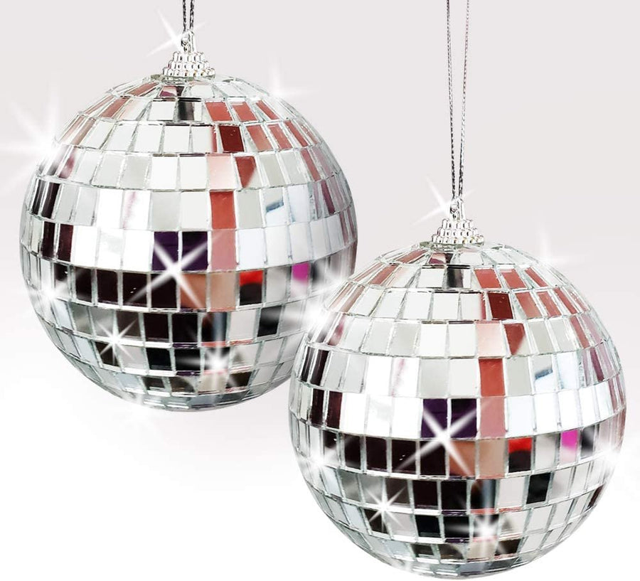 4" Mirror Disco Ball, Set of 2, Silver Disco Balls with Hanging String for Parties, Birthdays, & Weddings, 90’s Disco Party Decorations and Supplies, Ceiling Décor Disco Accessories