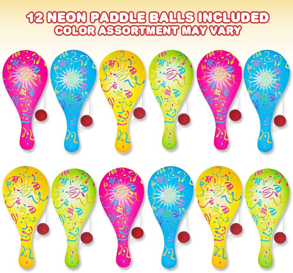 Neon Paddle Balls, Pack of 12, 9.25" Plastic Paddleball with String, Assorted Bright Colors, Great Party Favors, Goodie Bag Fillers, Fun Activity Toys for Kids