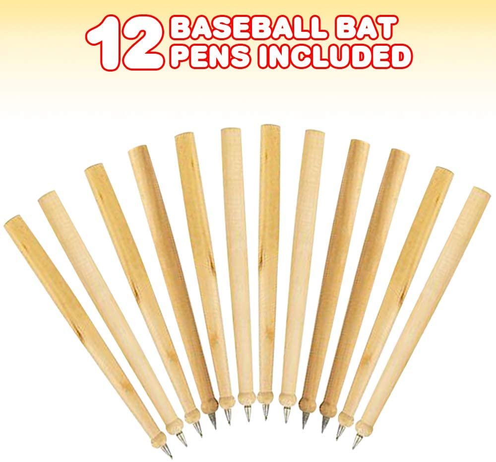 Wood Baseball Bat Pens, Set of 12, Writing Pens for Kids with Black Ink, Cool Baseball Birthday Party Favors, Sports Party Supplies, Classroom Teacher Rewards and Goodie Bag Fillers