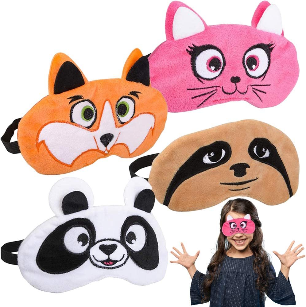 Plush Animals Sleeping Masks for Kids, Set of 4, Super Cute Eye Masks for Girls and Boys, Zoo Party Favors, Slumber Party Supplies, Soft and Breathable Sleeping Masks for Children