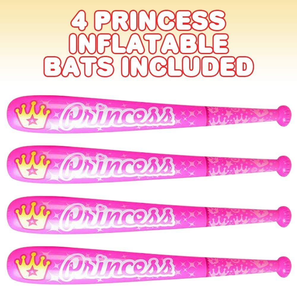 Princess Baseball Bat Inflates for Kids, Set of 4, 40" Durable Inflates, Cool Princess Birthday Party Favors for Girls, Decorations, and Supplies, Carnival Party Prizes