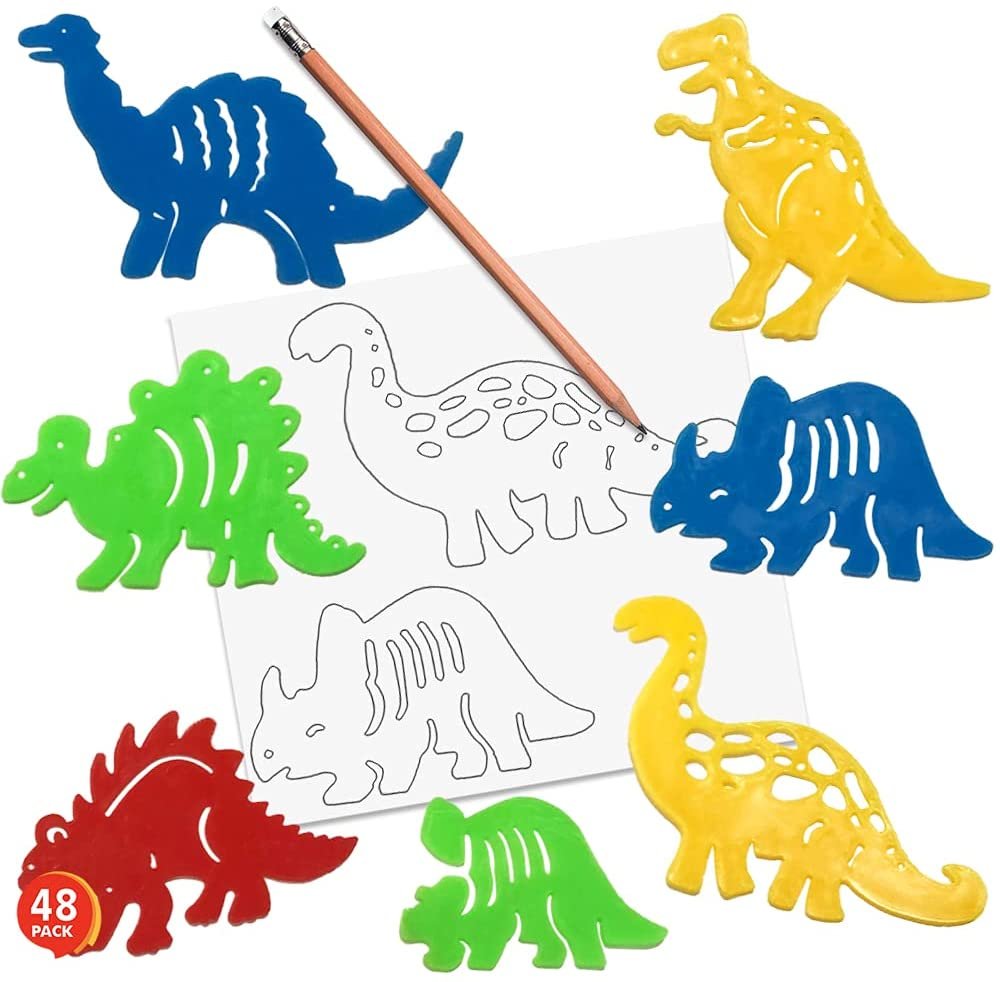 Dinosaur Stencils Set for Kids, Bulk Set of 48, Colorful Drawing Template Kit, Fun Arts and Crafts Supplies, Gift Idea for Boys and Girls, Learning Tool for Children