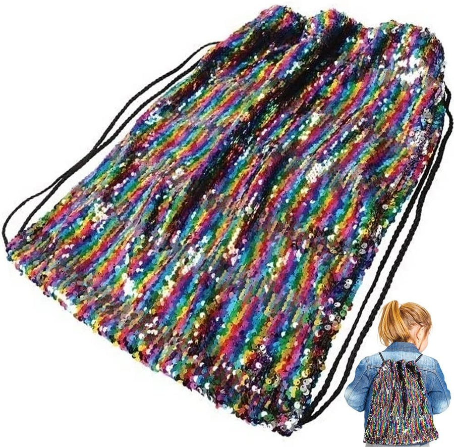 Rainbow Sequin Drawstring Backpack, 1 Piece, Drawstring Sequin Backpack with a Multi-Colored Design, Flip Sequin Gym Bag, Sequin Drawstring Bag for Kids, Great Gift Idea