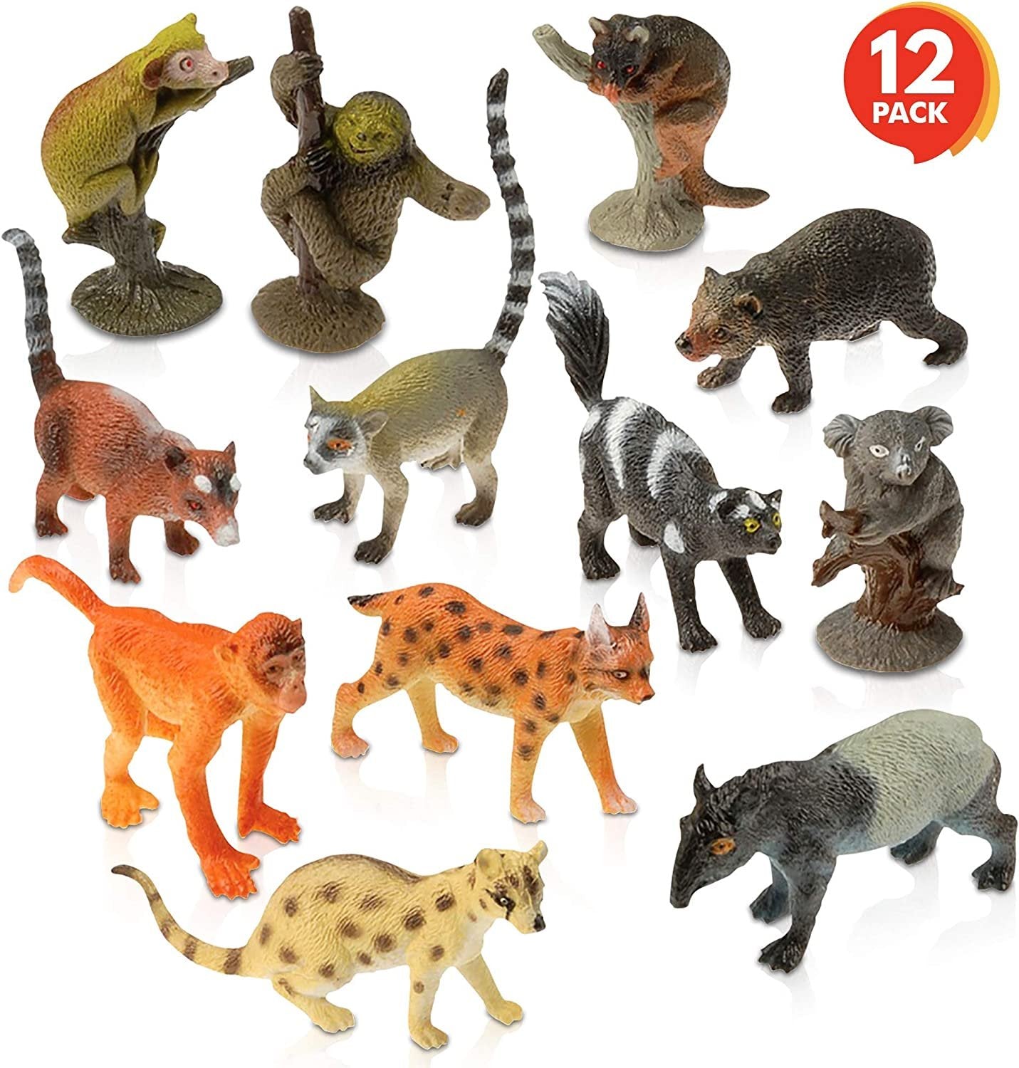 Rainforest Figurines Toys Set - 12 Pack - Mini Plastic Jungle Rain Forest Figures for Kids and Toddlers - Birthday Party Favors, Giveaways, Goody Bag Fillers, for Boys and Girls