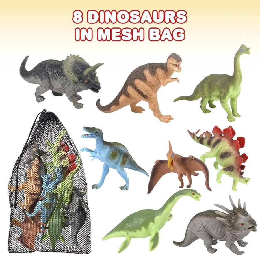 Dinosaur Figures Assortment in Mesh Bag, Pack of 8 Dinosaur Figurines in Assorted Designs, Bath Water Toys for Kids, Party Décor, Dino Party Favors for Boys and Girls