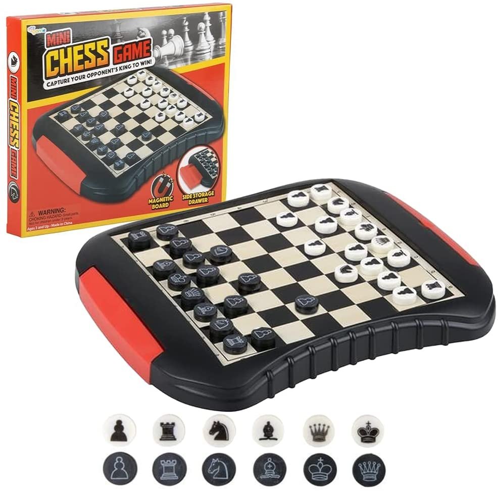 Gamie Mini Chess Game, Magnetic Chess Board with Side Storage Drawers, Mini Chess Board Set for Kids and Adults, Entertaining Road Trip Toys, Travel Games, and Desktop Toys for Adults