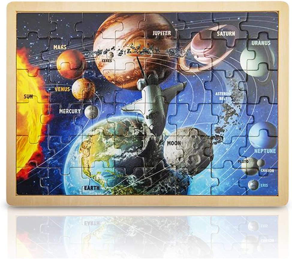 Gamie 48-Piece Wooden Space Puzzle for Kids with Storage Tray, Wood Solar System Puzzle for Boys and Girls, Educational Learning Toys, Best STEM Activities for Children