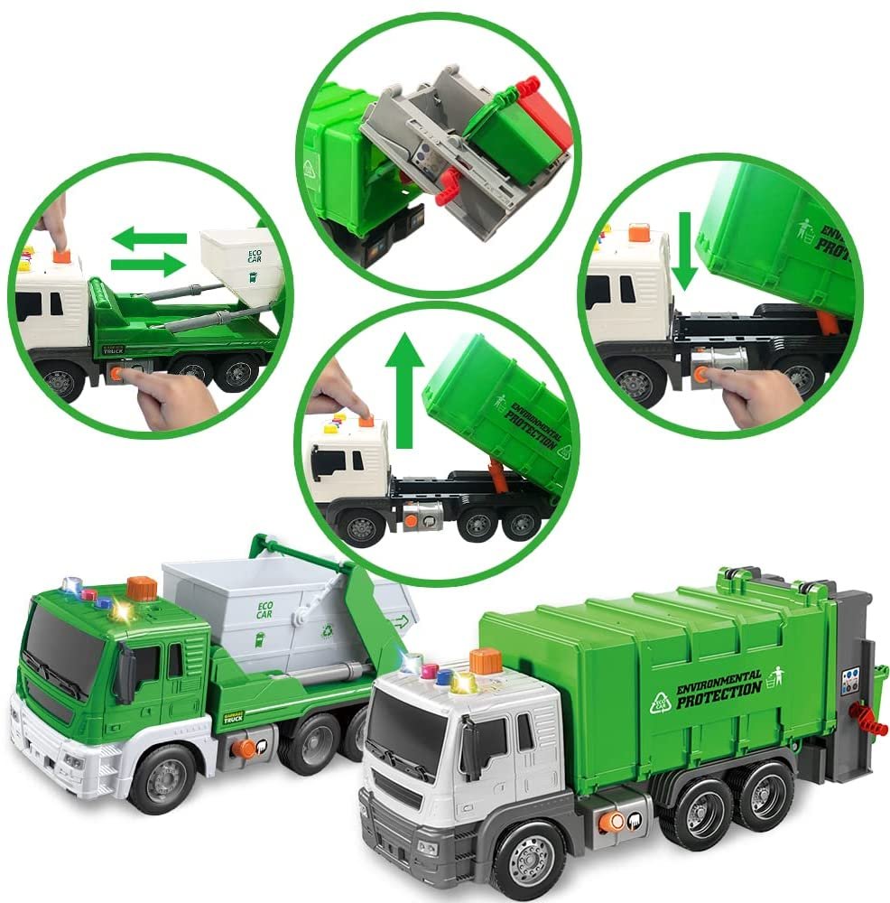 Sanitation Trucks Set, Pack of 2, Light Up Garbage Trucks for Boys and Girls with Movable Parts, Sound, and LEDs, Push and Go Toy Sanitation Truck Set, Car Toys for Kids Ages 3 and Up