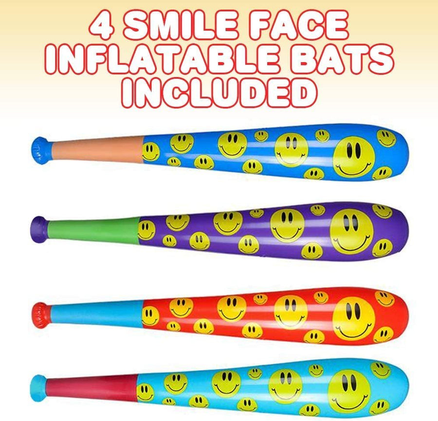 Smile Face Baseball Bat Inflates for Kids, Set of 4, 40" Durable Inflates in Assorted Colors, Cool Sports Birthday Party Favors, Decorations, and Supplies, Carnival Party Prizes