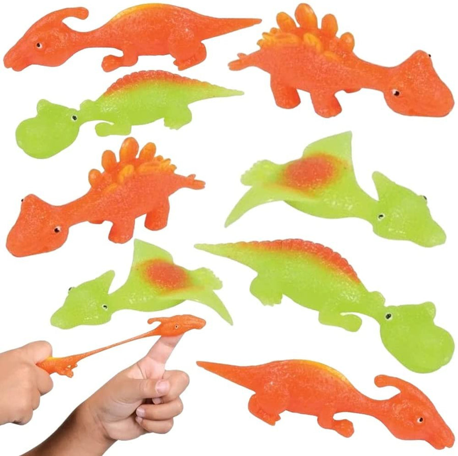 Stretchy Slingshot Dinosaur Toys, 4 Packs with 2 Dinos Each, Sling Shot Dino Toys for Kids, Outdoor Shooting Toys for Boys & Girls, Fun Dinosaur Birthday Party Favors, Goodie Bag Fillers