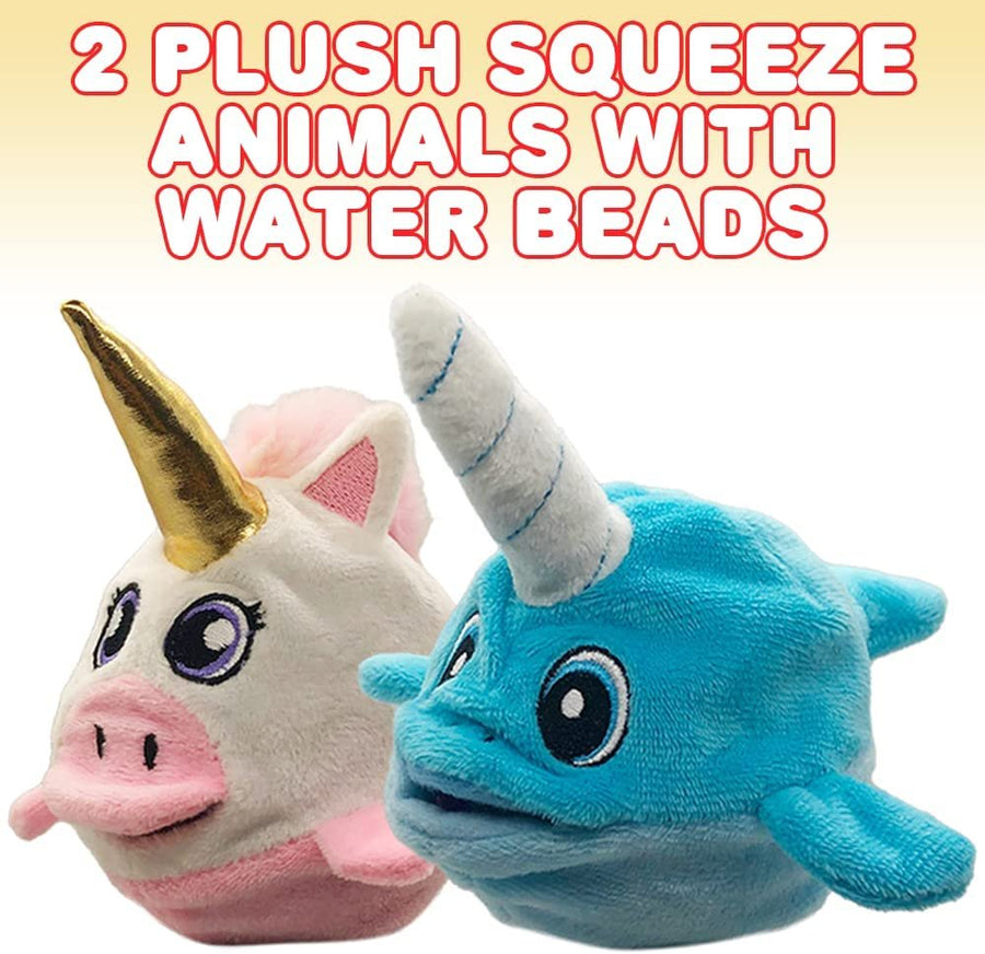 Plush Animal Toys with Squeezy Water Beads, Set of 2 Small Stuffed Animals, Includes 1 Unicorn and 1 Whale Plush Toy, Stress Relief Anxiety Toys, Cute Stuffed Animal for Boys and Girls,