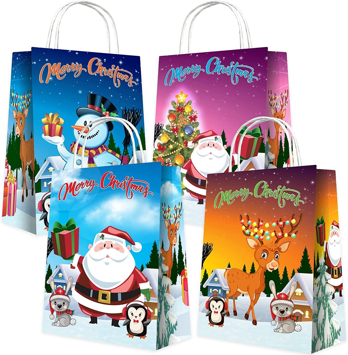 Christmas Gift Bags with Handles, 4 Designs, Set of 12, Xmas Gift Bags, Medium Size 8.75" x 6" Paper Bags with Sturdy Handles, Assorted Christmas Prints for Party Favors, Sweets, Candy, Gifts, Treats