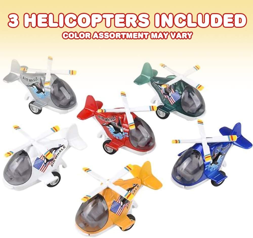Diecast Air Whale Helicopters with Pullback Mechanism, Set of 3, Diecast Toy Choppers with Spinning Propellers, Birthday Party Favors, Goodie Bag Fillers for Kids