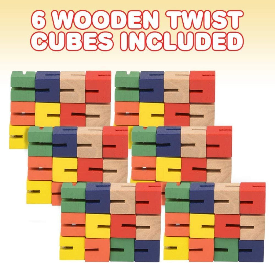 Wooden Twist Cubes, Pack of 6, Colorful Mind Game, Stretch, Twist, and Lock Brain Teaser Fidget Sensory Toys for Kids, Stocking Stuffer and Party Favors for Boys and Girls