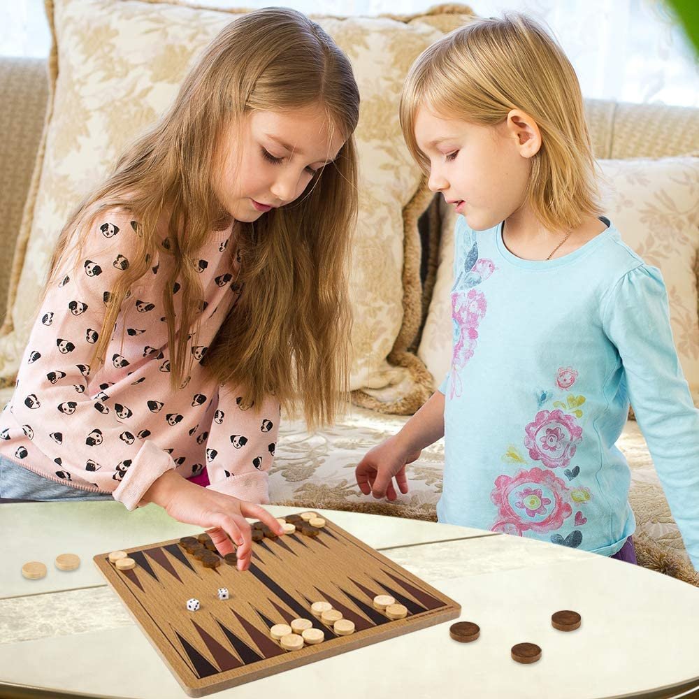 Gamie Wooden Backgammon Board Game Set, Includes Wood Board, 30 Game Pieces, and 2 Mini Dice, Classic Family Night Strategy Game, Great Gift for Kids and Adults