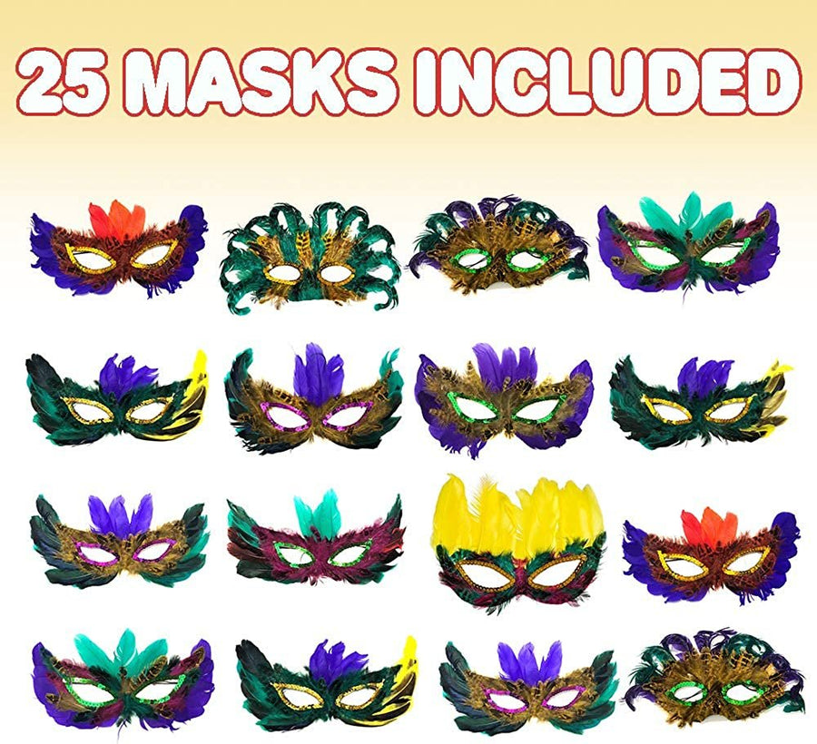 Assorted Feather Mardi Gras Masks, Bulk Pack of 25, Feathered Masquerade Mardi Gras Party Favors, Supplies, and Decorations, Masquerade Costume Party Accessories for Kids and Adults