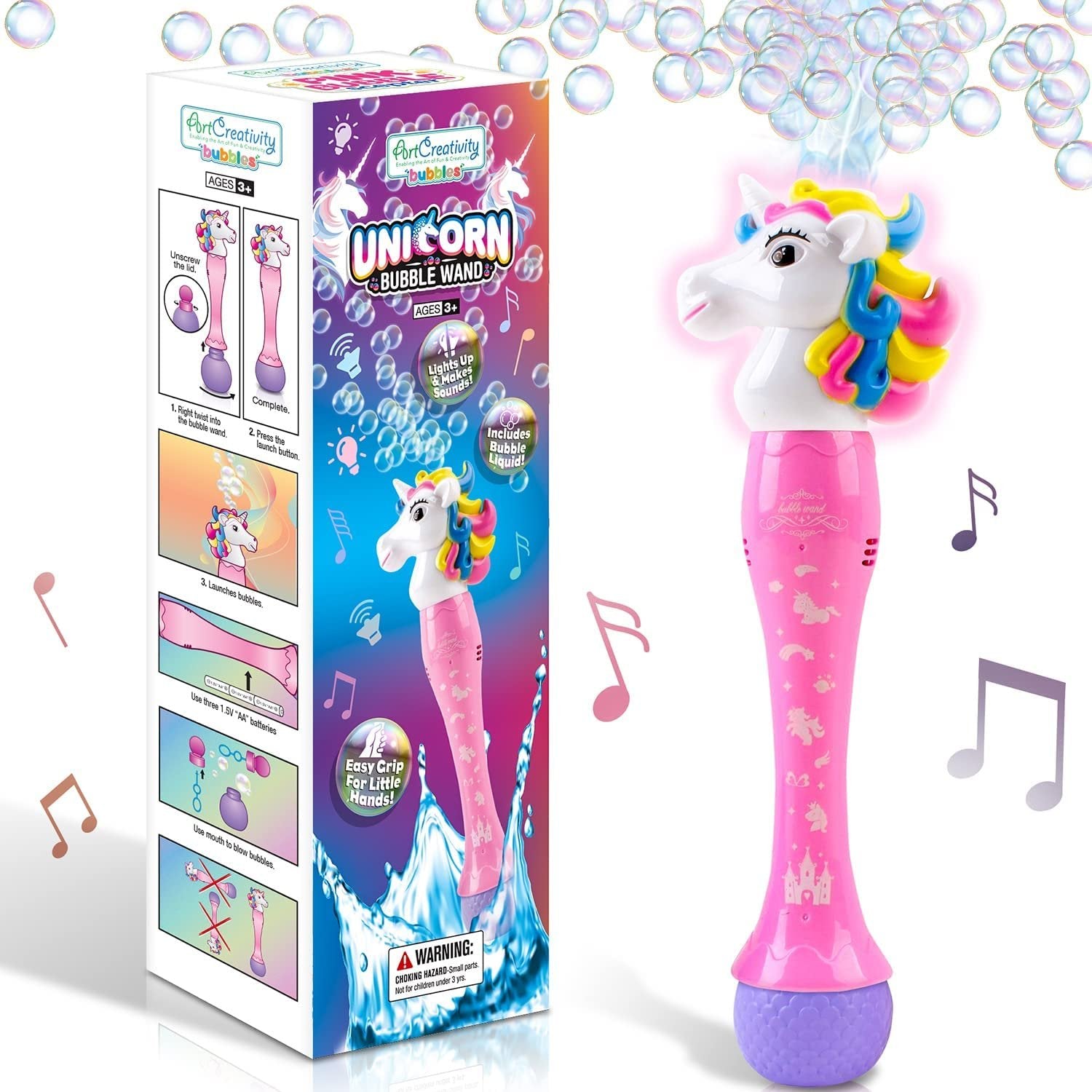 ArtCreativity Light Up Unicorn Bubble Blower Wand, 14 Inch Illuminating Bubble Blower Wand with Thrilling LED & Sound Effects for Kids, Bubble Fluid & Batteries Included, Great Gift Idea, Party Favor