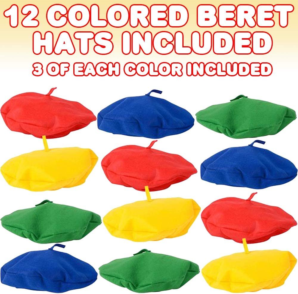 Color Berets for Kids and Adults, Set of 12, French Hats with Velvety Textured Fabric, Painter Costume Prop for Halloween, Dress Up Parties, and Photo Booth, 4 Colors