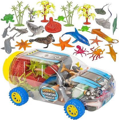 ArtCreativity Aquatic Vehicle Playset, 37-Piece Set with Assorted Ocean Animal Figures and a Clear Storage Truck, Ocean Toys for Kids That Work as Bath Toys and Under The Sea Party Decorations